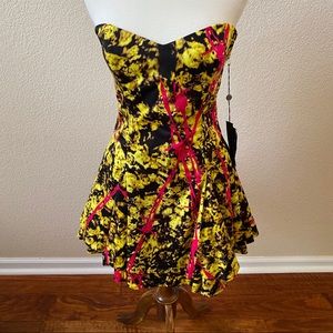 neon yellow / pink / black strapless dress